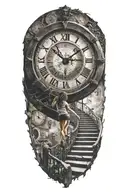 Breaking Reality Simulation Theory Woman Running Up Stairs To A Clock Before Time runs out black hole alternate universe tattoo design idea