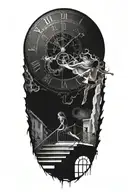 Breaking Reality Simulation Theory Woman Running Up Stairs To A Clock Before Time runs out black hole alternate universe tattoo design idea