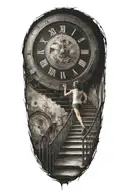 Breaking Reality Simulation Theory Woman Running Up Stairs To A Clock Before Time runs out black hole alternate universe tattoo design idea