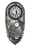 Breaking Reality Simulation Theory Woman Running Up Stairs To a clock Before Time runs out black hole alternate universe tattoo design idea