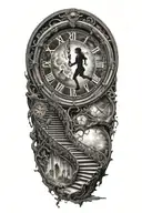 Breaking Reality Simulation Theory Woman Running Up Stairs To a clock Before Time runs out black hole alternate universe tattoo design idea