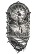breaking reality, simulation theory, woman running up stairs to a clock, black hole before time runs out tattoo design idea