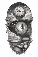 breaking reality, simulation theory, woman running up stairs to a clock, black hole before time runs out tattoo design idea