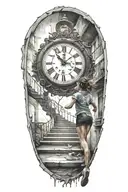 breaking reality, simulation theory, woman running up stairs to a clock tattoo design idea
