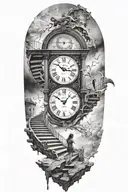 breaking reality, simulation theory, woman running up stairs to a clock, black hole before time runs out tattoo design idea