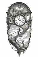breaking reality, simulation theory, woman running up stairs to a clock, black hole before time runs out tattoo design idea