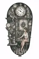 life is a simulation theory, space and time, woman,clock,stairs, chess  puppet master,  tattoo design idea