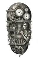 life is a simulation theory, space and time, woman,clock,stairs, chess  puppet master,  tattoo design idea
