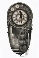 Breaking Reality Simulation Theory Woman Running Up Stairs To a clock Before Time runs out black hole alternate universe tattoo design idea