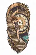 Breaking Reality Simulation Theory Woman Running Up Stairs To a clock Before Time runs out black hole alternate universe tattoo design idea