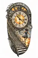 Breaking Reality Simulation Theory Woman Running Up Stairs To a clock Before Time runs out black hole alternate universe tattoo design idea