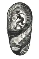 Breaking Reality Simulation Theory Woman Running Up Stairs Before Time runs out black hole alternate universe tattoo design idea