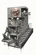 life is a simulation theory  woman  stairs scary puppet master man creating god tattoo design idea