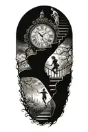 breaking reality, simulation theory, woman running up stairs to a clock, black hole before time runs out tattoo design idea