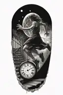 breaking reality, simulation theory, woman running up stairs to a clock, black hole before time runs out tattoo design idea