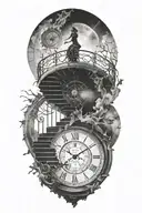 Breaking Reality Simulation Theory Woman Running Up Stairs To A Clock Before Time runs out black hole alternate universe tattoo design idea