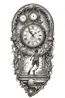 breaking reality, simulation theory, woman running up stairs to a clock, black hole before time runs out tattoo design idea