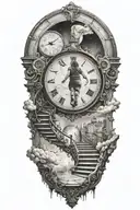 breaking reality, simulation theory, woman running up stairs to a clock, black hole before time runs out tattoo design idea