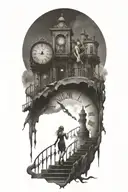 life is a simulation theory interwoven with a scary woman running up stairs to a clock, chess tattoo design idea