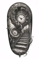 mc esher style, simulation theory,woman,stairs, clock, black hole tattoo design idea