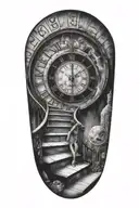 mc esher style, simulation theory,woman,stairs, clock, black hole tattoo design idea