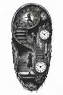 Breaking Reality Simulation Theory Woman Running Up Stairs To a clock Before Time runs out black hole alternate universe tattoo design idea