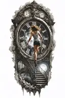 Breaking Reality Simulation Theory Woman Running Up Stairs To a clock Before Time runs out black hole alternate universe tattoo design idea