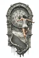 breaking free from reality, simulation theory clock woman running up stairs half in computer code tattoo design idea
