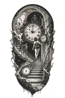 breaking reality, simulation theory, woman running up stairs to a clock, black hole before time runs out tattoo design idea