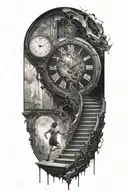 breaking reality, simulation theory, woman running up stairs to a clock, black hole before time runs out tattoo design idea