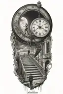 breaking reality, simulation theory, woman running up stairs to a clock, black hole before time runs out tattoo design idea