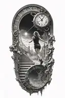 breaking reality, simulation theory, woman running up stairs to a clock, black hole before time runs out tattoo design idea