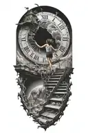 breaking reality, simulation theory, woman running up stairs to a clock, black hole before time runs out tattoo design idea
