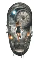 breaking reality, simulation theory, woman running up stairs to a clock, black hole before time runs out tattoo design idea