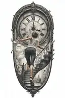 breaking reality, simulation theory, woman running up stairs to a clock, black hole before time runs out tattoo design idea