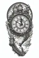 breaking reality, simulation theory, woman running up stairs to a clock, black hole before time runs out tattoo design idea