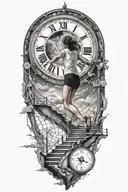 breaking reality, simulation theory, woman running up stairs to a clock, black hole before time runs out tattoo design idea