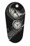 breaking reality, simulation theory, woman running up stairs to a clock, black hole before time runs out tattoo design idea