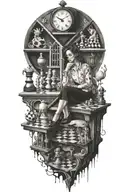 life is a simulation theory, space and time, woman,clock,stairs, chess with human pieces,  puppet master,  tattoo design idea