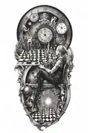 life is a simulation theory, space and time, woman,clock,stairs, chess with human pieces,  puppet master,  tattoo design idea