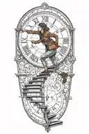 life is a simulation strings controlling a woman running up stairs to a clock tattoo design idea