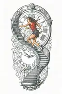life is a simulation strings controlling a woman running up stairs to a clock tattoo design idea