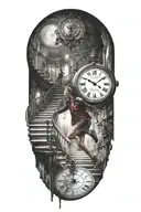 breaking reality, simulation theory, woman running up stairs to a clock tattoo design idea