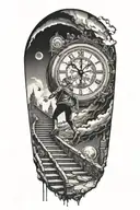 breaking reality, simulation theory, woman running up stairs to a clock, black hole before time runs out tattoo design idea