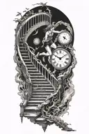 breaking reality, simulation theory, woman running up stairs to a clock, black hole before time runs out tattoo design idea