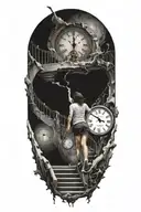 breaking reality, simulation theory, woman running up stairs to a clock, black hole before time runs out tattoo design idea