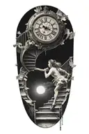 breaking reality, simulation theory, woman running up stairs to a clock, black hole before time runs out tattoo design idea