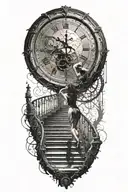 Breaking Reality Simulation Theory Woman Running Up Stairs To a clock Before Time runs out black hole alternate universe tattoo design idea