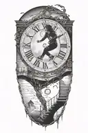 breaking reality, simulation theory, woman running up stairs to a clock, black hole before time runs out tattoo design idea