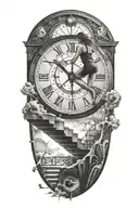 breaking reality, simulation theory, woman running up stairs to a clock, black hole before time runs out tattoo design idea
